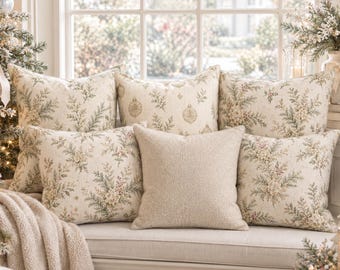 Neutral Christmas Pillow, Coastal Christmas Pillow Cover,Gold Botanical Holiday Cushion, Designer Inspired Hamptons Christmas Decor