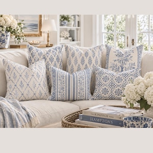 French Blue Block Print Pillow Cover, Coastal Cottage Pillow Cover Collection, Hamptons Decor, Designer Style, Blue White Pillows