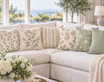 Sage Green Floral Pillow Cover, Neutral Botanical Throw Pillow, Cottage Floral Cushion, Coastal Farmhouse Decor, Mix & Match Pillow