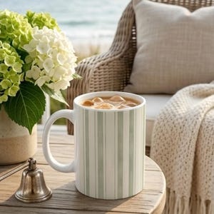 Sage Green Stripe Mug, Coastal Cottagecore Mug, Quiet Luxury Kitchen Decor, Nancy Meyers Aesthetic Coffee Cup, Vintage French Country Mug