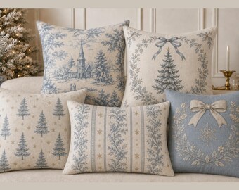 French Country Christmas Pillow Cover,Coastal Christmas Decor,Vintage Toile Christmas Pillow,Holiday Cushion,Christmas Tree Pillow