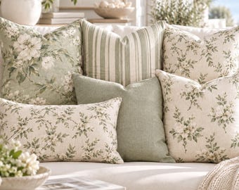 Muted Sage Green Floral Pillow Cover,Cottage Botanical Throw Pillow, English Country Decor, Neutral Floral Cushion, Coastal Farmhouse Pillow
