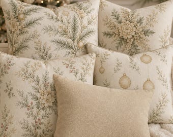 Neutrales Weihnachtskissen, Kissenbezug im Küstenstil, goldenes botanisches Weihnachtskissen, Designer-inspirierte Weihnachtsdeko im Hamptons-Stil