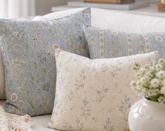 Coastal Blue Pillow Cover, Blue White Floral Pillow Cover, Hamptons Cottage Decor, Quiet Luxury Designer Inspired Coastal Pillow Cover