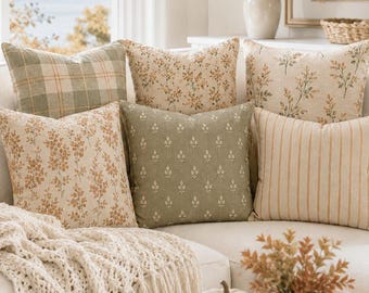 Botanical Fall Pillow Cover, Autumn Meadow Floral Cushion, Cozy Cottage Decor, Soft Coastal Throw Pillow,Printed Cover,Desinger Pillow Cover