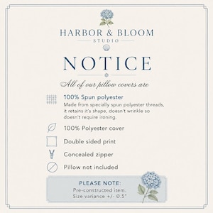 May include: A product information notice for Harbor & Bloom Studio pillow covers. It lists features: 100% spun polyester, wrinkle-resistant, double-sided print, and a concealed zipper. It notes the pillow is not included and size variance is +/- 0.5 inches.