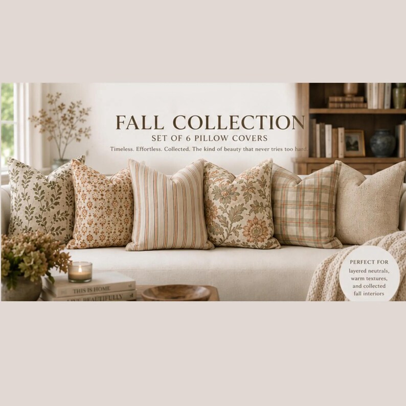 May include: A set of six decorative pillow covers featuring various patterns including botanical prints, vertical stripes, and a plaid design in neutral earth tones of beige, cream, and muted orange, arranged in a row on a light-colored sofa.
