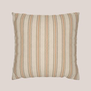May include: A square throw pillow featuring a vertical striped pattern in shades of burnt orange, dark charcoal, and light gray against a neutral beige background. The fabric has a visible woven texture, and the stripes repeat across the surface.