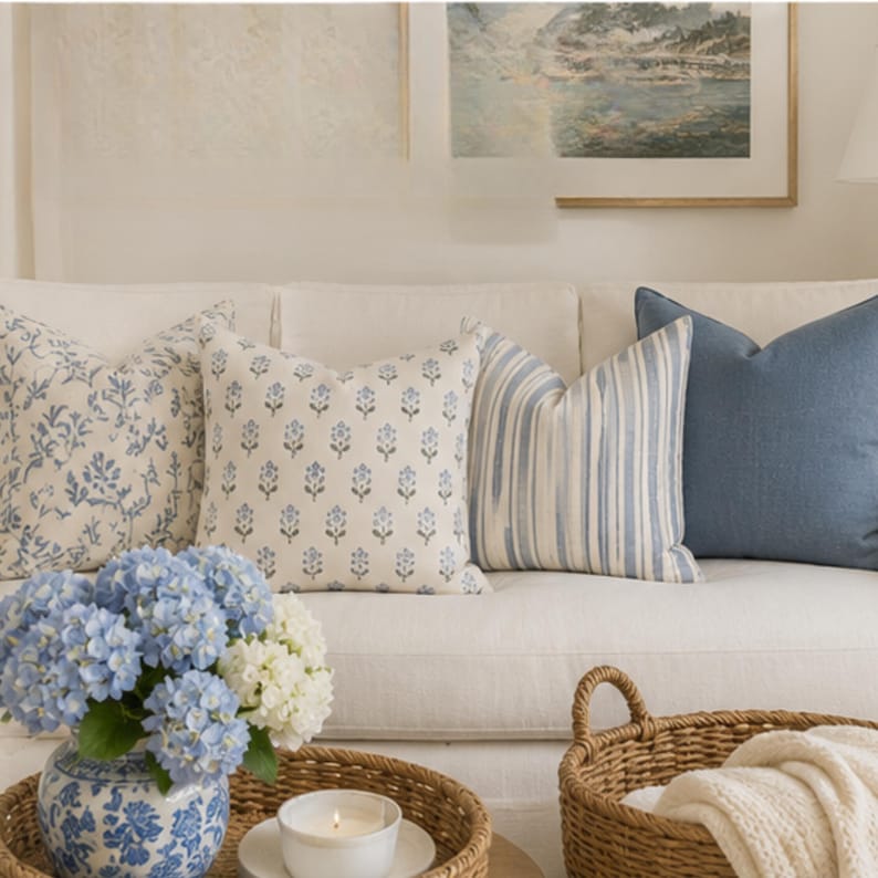 French Floral Pillow Cover Coastal Cottage Throw Pillow Blue Botanical Cushion Hamptons Decor Nancy Meyers Style Pillow image 1