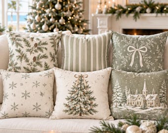 Weihnachtskissenbezüge in Salbeigrün, neutrales Weihnachtskissen, winterliches Pflanzenkissen, weihnachtliche Landhausdeko, Festtagskissen