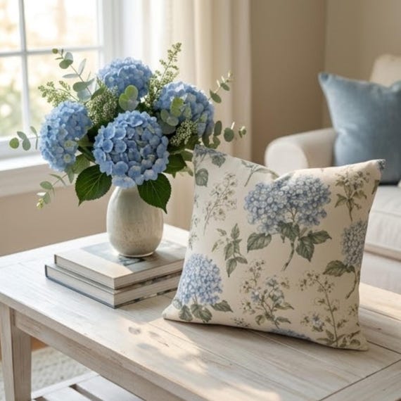 Blue Hydrangea Floral Pillowcase,Coastal Cottagecore Pillow Cover,Designer Inspired Botanical Throw Pillow,French Country Cushion