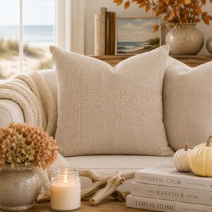 May include: A square throw pillow with a textured, beige woven fabric cover. The pillow features a solid neutral color and a visible cross-hatch weave pattern, positioned upright on a sofa alongside a matching pillow and decorative home accents.