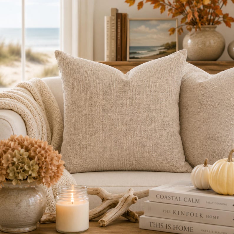 May include: A square throw pillow with a textured, beige woven fabric cover. The pillow features a solid neutral color and a visible cross-hatch weave pattern, positioned upright on a sofa alongside a matching pillow and decorative home accents.