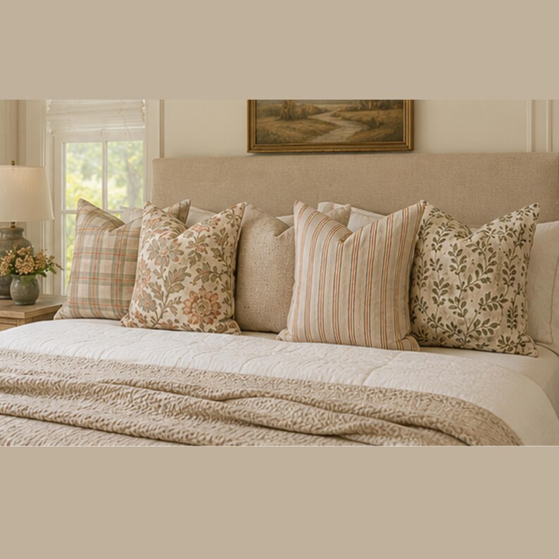 May include: A collection of five square throw pillows arranged on a bed. The pillows feature various patterns including plaid, floral, solid textured beige, vertical stripes, and a botanical leaf print in neutral tones of cream, tan, and brown.