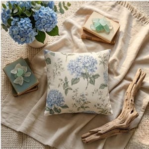 May include: A square throw pillow featuring a botanical print of light blue hydrangea flowers and green foliage on an off-white background. The pillow is displayed alongside a bouquet of blue hydrangeas, two stacked books, and a piece of driftwood.