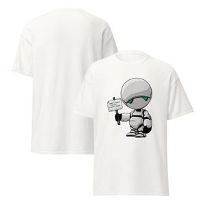 May include: White t-shirt featuring a cartoon robot character with a round head and green eyes, holding a sign that reads "DON'T PANIC! I DON'T CARE." The back of the shirt is plain white.