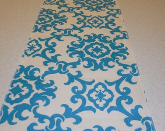 11 x 90 Inch Turquoise and White Damask Table Runner