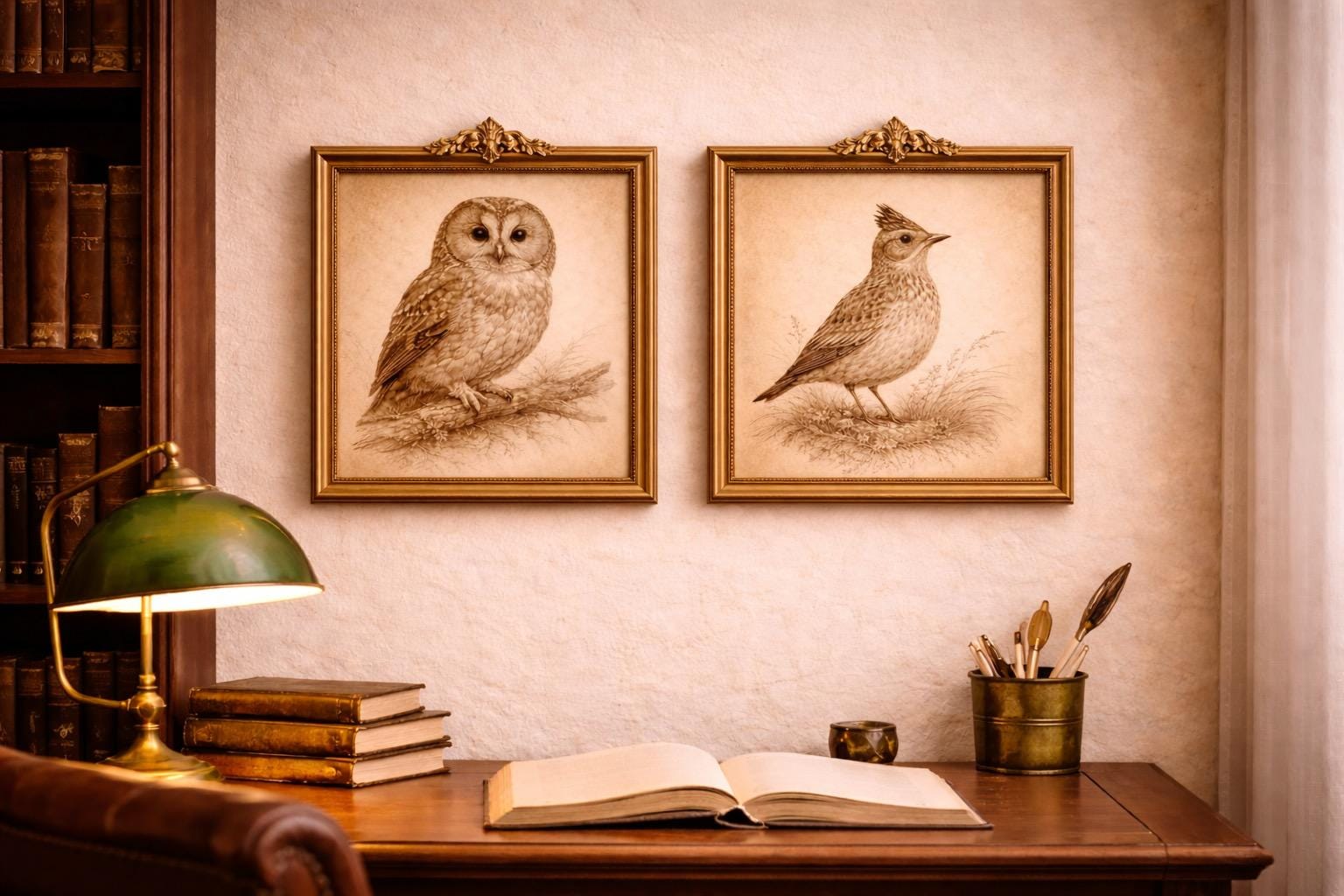 Vintage Bird Print Set | Sepia Owl & Lark Illustration (Digital Download