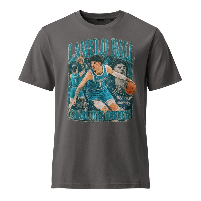 LaMelo Ball Charlotte Hornets Unisex Garment Dyed Vintage T-Shirt worn in look