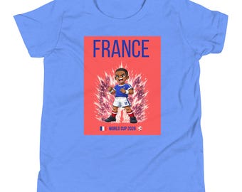 Frankrike fotbolls-T-shirt för ungdomar: 80-tals anime-manga-stil VM-design