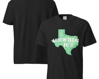 Austin Texas, fotboll, t-shirt unisex, karta över Texas, plaggfärgad kraftig, klassisk avslappnad passform