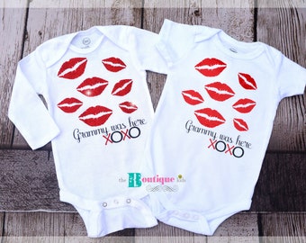 Baby Kisses Grammy was here lips red onesie baby gift girl Valentines Day