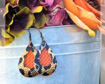 Leopard burnt orange faux leather earrings