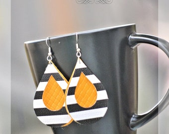 Black white stripe mustard yellow faux leather earrings