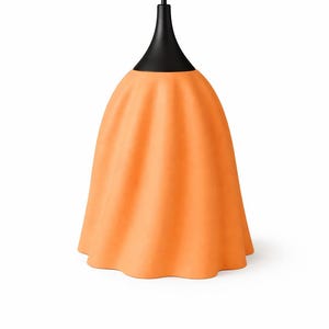 May include: A modern pendant light fixture with a black top and a bell-shaped orange shade. The shade has a smooth, matte finish and a wavy bottom edge. The light hangs from a black cord.