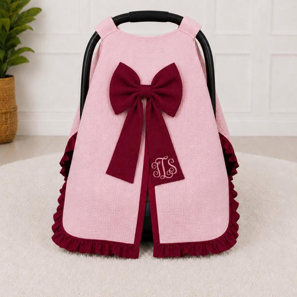 Housse de siège auto bébé en mousseline personnalisée pour nouveau-nés, avec nœud papillon fait main.