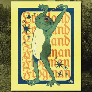 May include: A rectangular art print featuring a green frog standing upright with arms raised, holding a thin stick. The background displays the repeating orange text 'Frogman' in a gothic font, accented by dark blue star shapes on a yellow field.