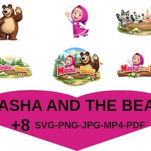 Puede incluir: Una colección de ilustraciones coloridas con personajes de "Masha y el Oso". Las imágenes incluyen a Masha, el oso y otros personajes animales. El texto "MASHA AND THE BEAR" se muestra en forma de corazón rosa, con opciones de tipo de archivo.