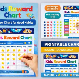 Peut inclure: Tableau de récompenses pour enfants imprimable. Le tableau présente un thème spatial avec des étoiles et une fusée. Comprend un tableau de comportement pour les bonnes habitudes, avec des espaces pour suivre les récompenses quotidiennes.