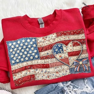 Faux Quilted American Flag PNG, Vintage Patchwork Patriotic Design, 4th of July Sublimation Graphic, Cottagecore USA Flag