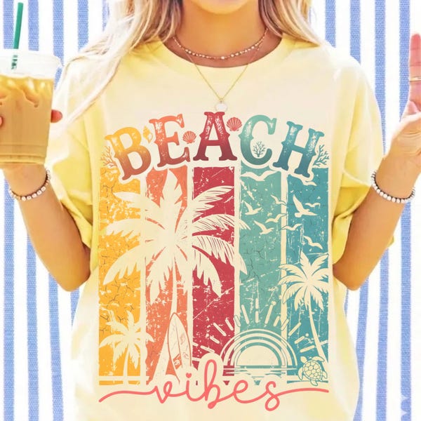 Beach Vibes Retro Sunset PNG, Vintage Summer Palm Tree Design, Colorful Tropical Aesthetic, Ocean Sunset Graphic for T-Shirt