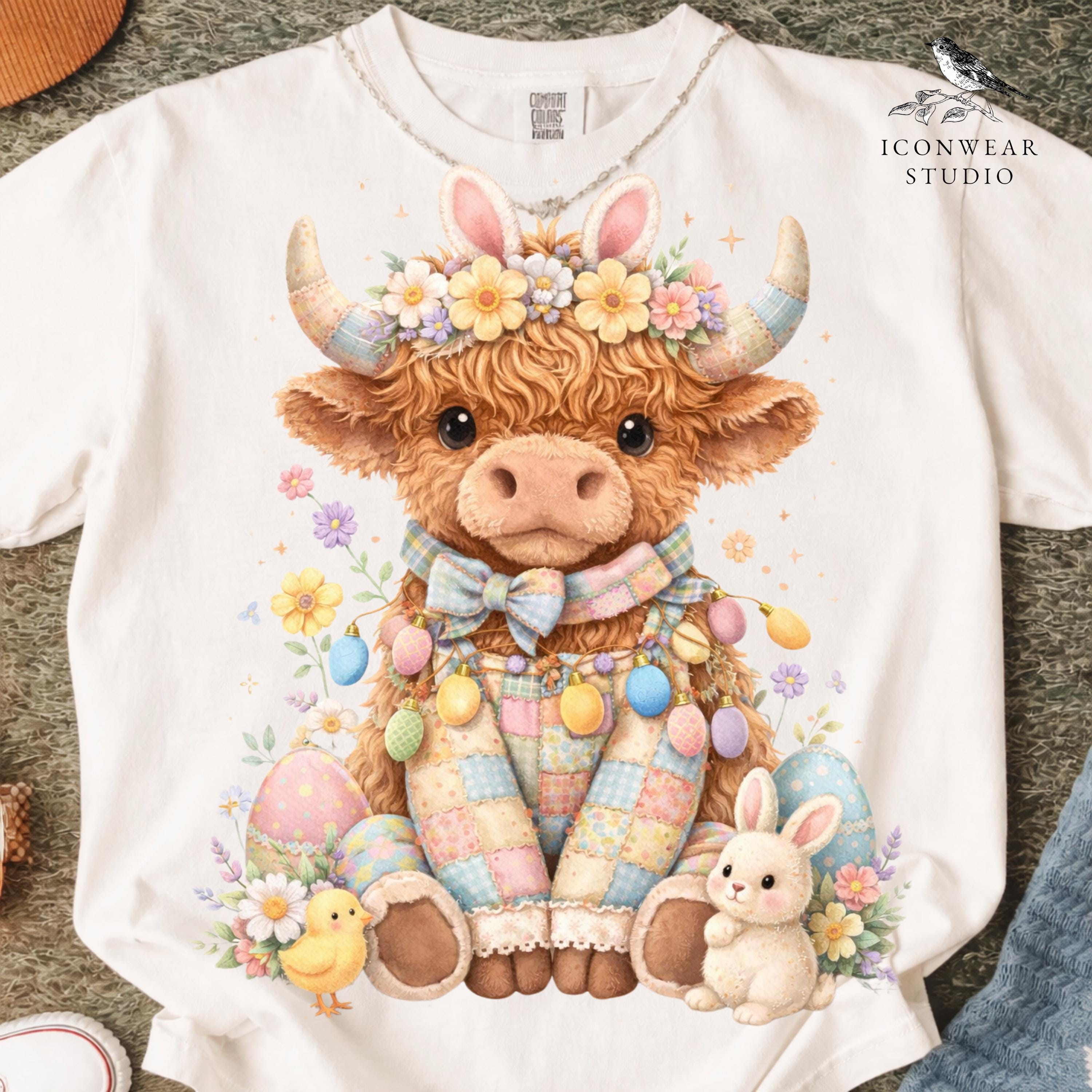 Cute Easter Highland Cow Bunny PNG: Pastel Floral Farm Animal Easter ...