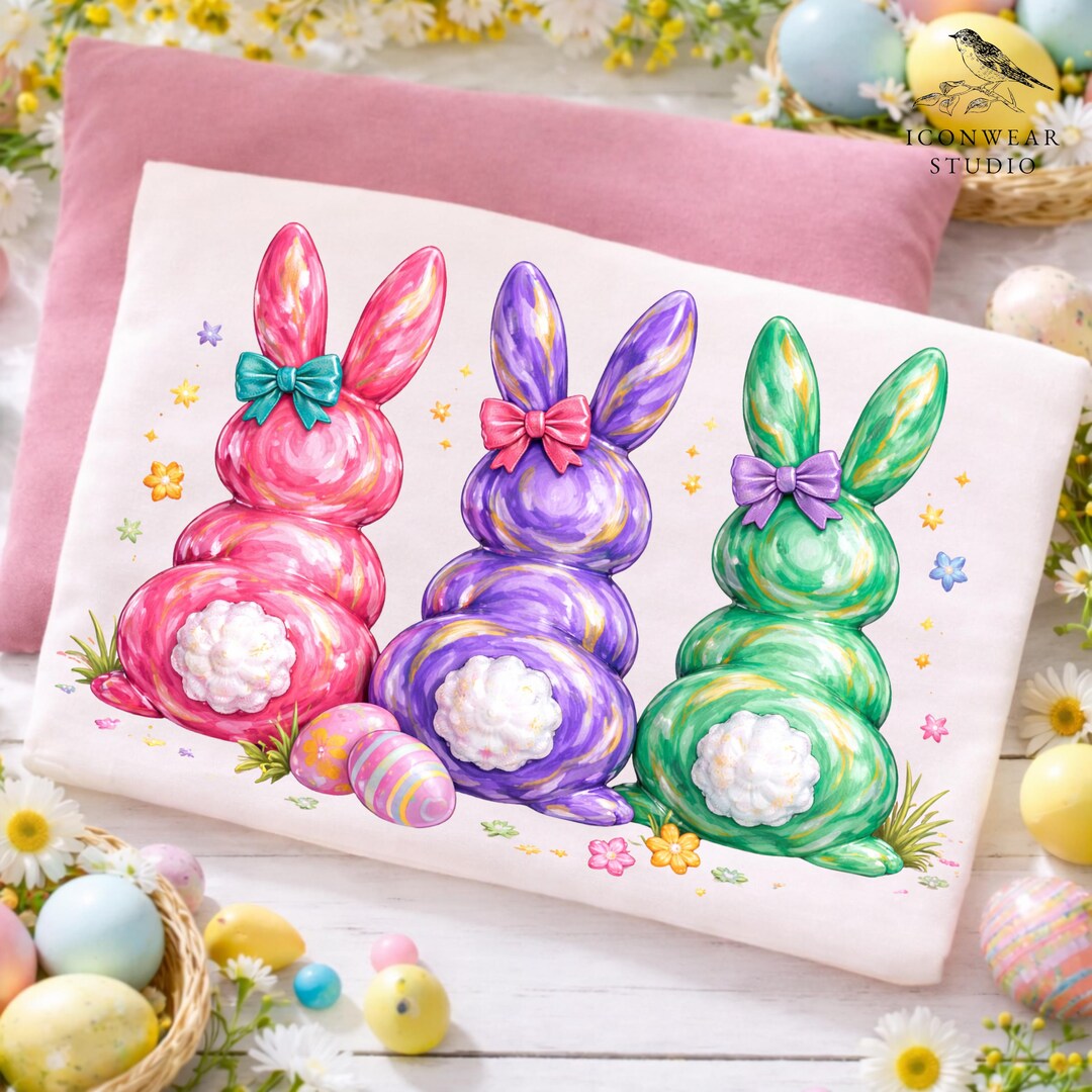 Colorful Easter Bunnies With Bows PNG: Cute Bunny Illustration Spring ...