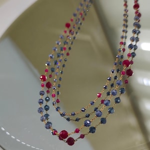 Double CZ and Ruby Corundum Necklace, Handmade Layered Gemstone Necklace