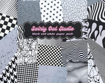 Svartvitt scrapbookpapperspaket - Y2K Grunge Junk Journal Supplies - Gotisk Alt Ephemera - Rutigt och stjärnformat monokromatiskt papper