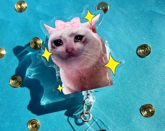 Portatarjetas con diseño de gato llorando / portatarjetas con lazo rosa coqueto, cierre de resina epoxi con purpurina