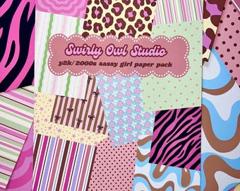 2000s Girly Scrapbook Paper Pack, Y2K Aesthetic Patterned Paper, Sassy Girl Junk Journal Kit, Pink Zebra Leopard Print, 12 sheets 8 x 10 in