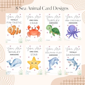 Puede incluir: Ocho diseños de tarjetas de animales marinos con ilustraciones de acuarela de un pez payaso, un cangrejo, una tortuga, un pulpo, una ballena, una estrella de mar, un delfín y un tiburón. Cada tarjeta tiene un juego de palabras.