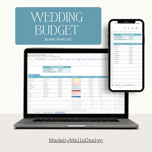 May include: A laptop and smartphone displaying a wedding budget template. The laptop screen shows a detailed spreadsheet with various categories. The smartphone mirrors the budget summary. A blue banner at the top reads "WEDDING BUDGET BLANK TEMPLATE".