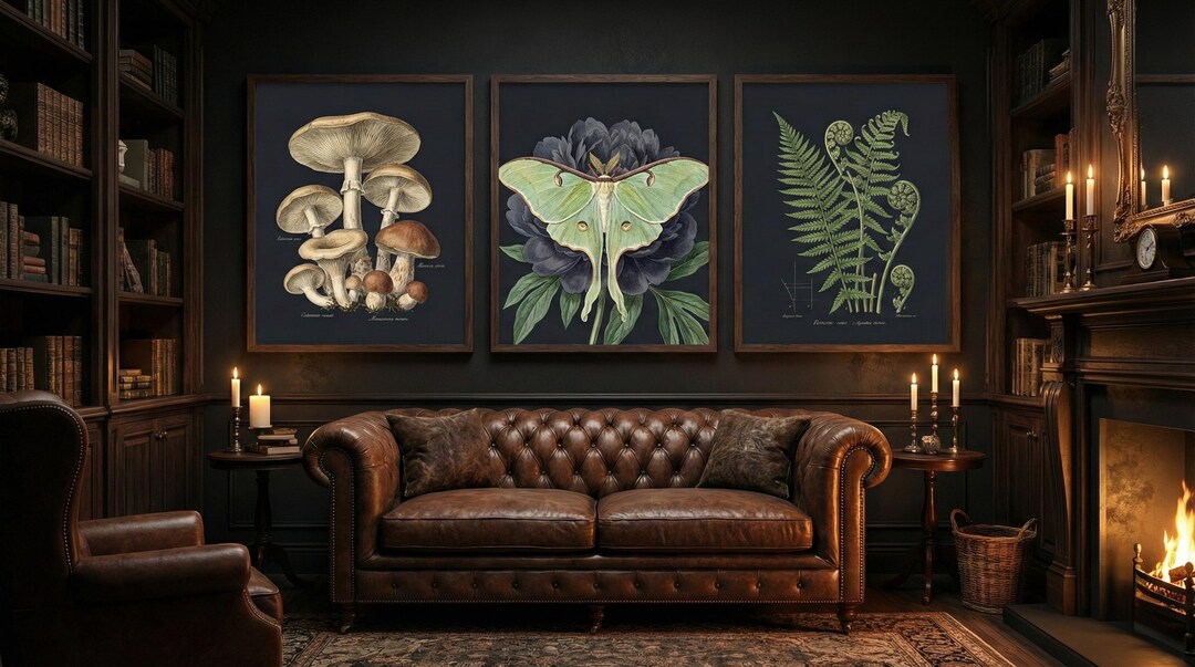 Dark Academia Botanical Print Set: Vintage Mushroom, Moth, Fern ...