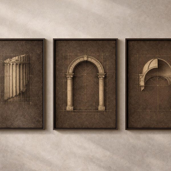 Set met donkere Academia-architectuurprints, vintage sepiagravures (digitale download)