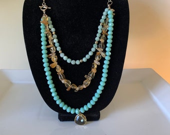 Chalcedony and Citrine three tiered necklace