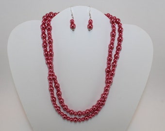 Dubbele Strand Rose parel ketting en oorbellen