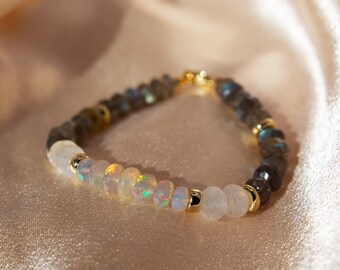 Natural Opal, Labradorite, Rainbow Moonstone Gold Filled Beaded Bracelet | High Flash Non Tarnish Gemstone Jewelry for Layering and Stacking