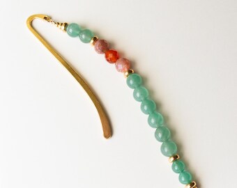 Handmade Gemstone Beaded Metal Bookmark Charm, Sunstone Carnelian Bookmark, Aventurine Bookmark, Book Lover Gift, Teacher Gift