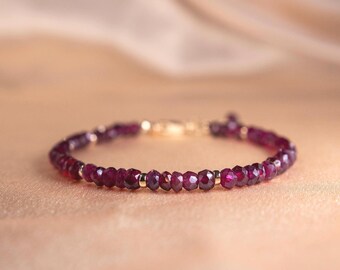 Very Berry Garnet Bracelet | Dainty Garnet Beaded Gemstone | Delicate Gold Filled Non Tarnish Jewelry | January Birthstone Gift